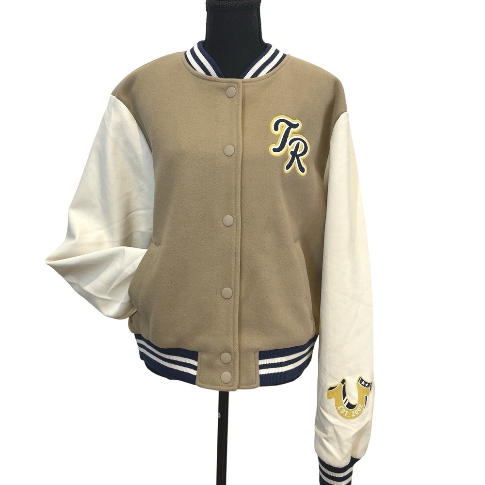 True Religion TR Script Wool Varsity Travertine/Winter White Jacket Women XL NWT